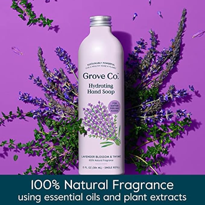 Grove Co. HYDRATING GEL HAND SOAP REFILLS (2 X 13 FL OZ) + 1 X REUSEABLE GLASS SOAP DISPENSER, PLASTIC-FREE & LIQUID REFILLABLE STARTER KIT, NATURAL LAVENDER BLOSSOM & THYME FRAGRANCE - Image 3
